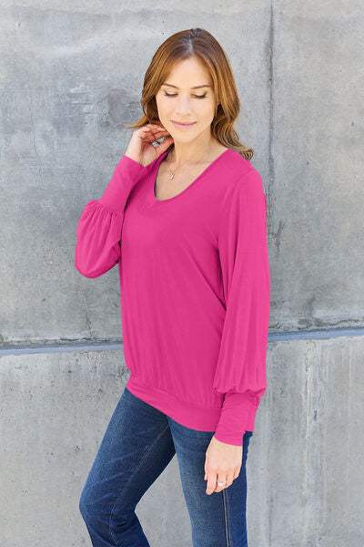 Basic Bae Full Size V-Neck Lantern Sleeve Blouse Blouses - Tophatter Daily Deals