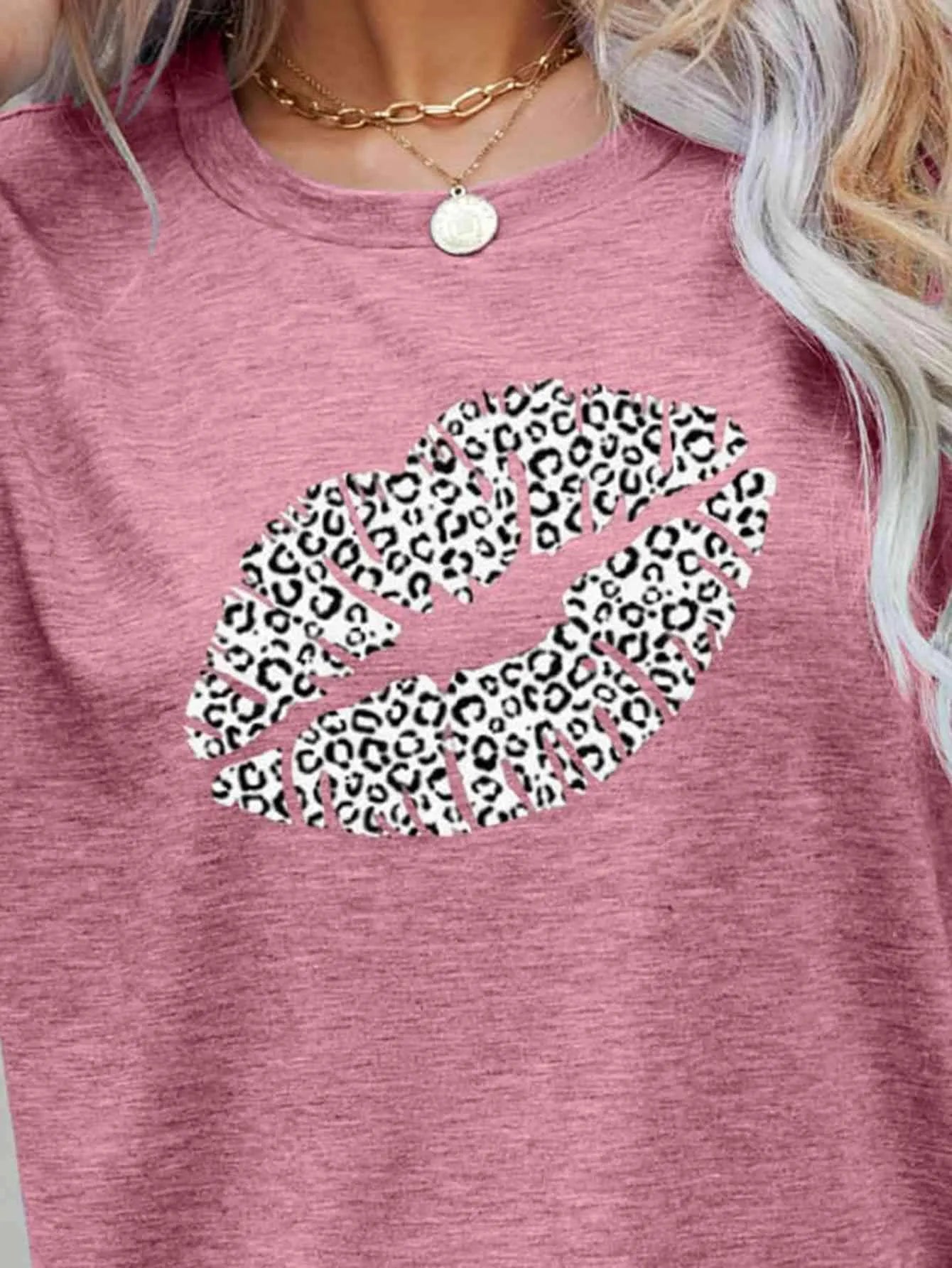 Leopard Lip Graphic Round Neck Tee Women's T-Shirts - Tophatter Daily Deals