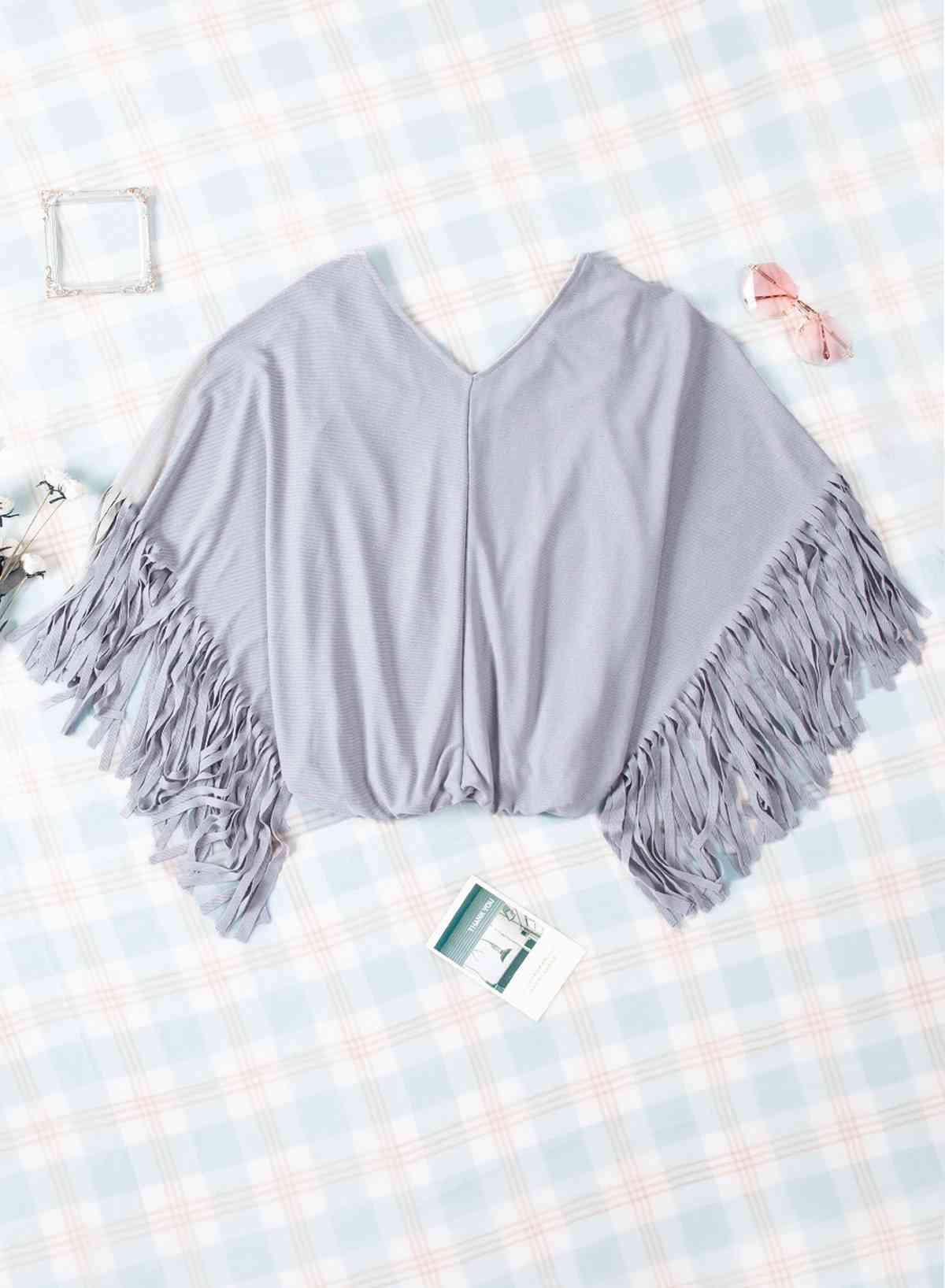 Fringe Trim Center Seam Dolman Sleeve Top Blouses - Tophatter Daily Deals