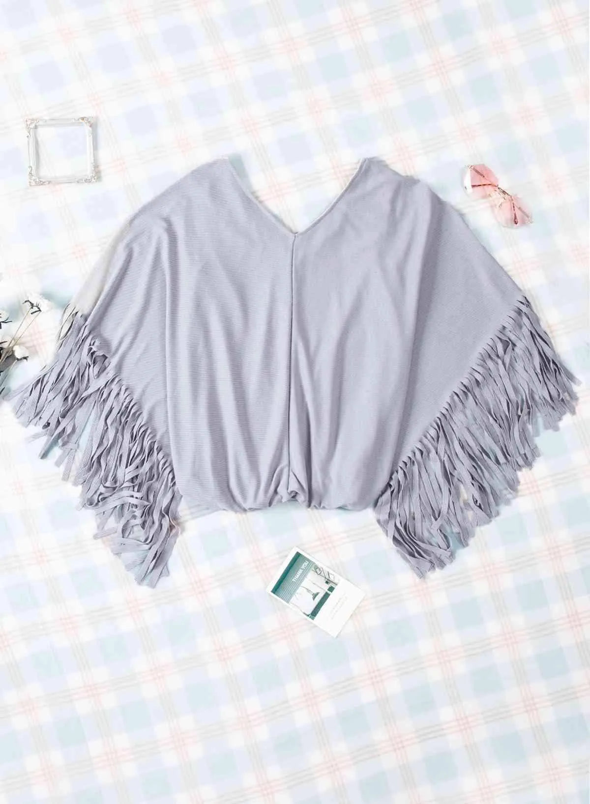 Fringe Trim Center Seam Dolman Sleeve Top Blouses - Tophatter Daily Deals