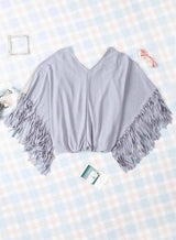 Fringe Trim Center Seam Dolman Sleeve Top Blouses - Tophatter Daily Deals