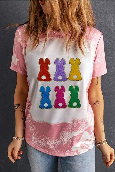 Rabbit Round Neck Short Sleeve T-Shirt Blush Pink Women's T-Shirts - Tophatter Daily Deals