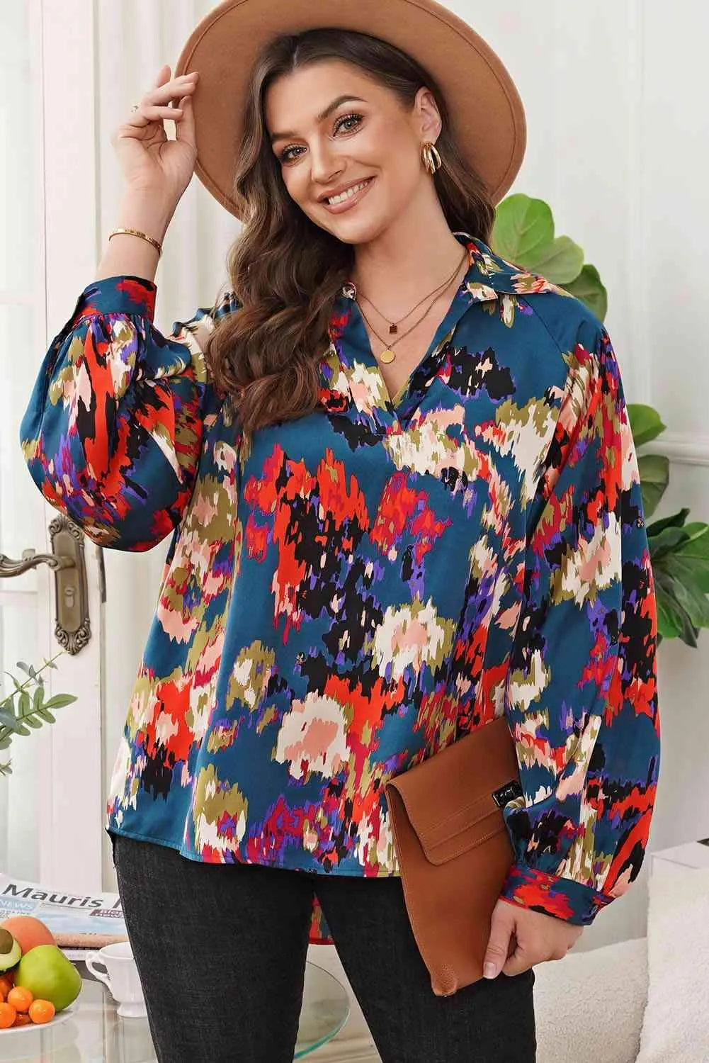 Printed Johnny Collar Raglan Sleeve Blouse Blouses - Tophatter Daily Deals
