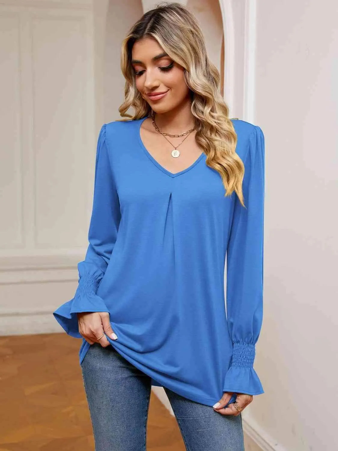 V-Neck Flounce Sleeve Blouse Blouses - Tophatter Daily Deals