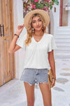 Ruched V-Neck Short Sleeve Tee White Women's T-Shirts - Tophatter Daily Deals