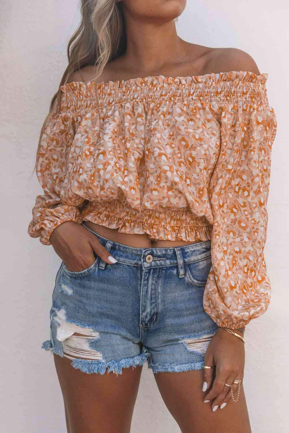 Floral Frill Trim Smocked Off-Shoulder Top Orange 2XL Blouses - Tophatter Daily Deals