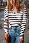 Double Take Striped Johnny Collar Long Sleeve Knit Top Blouses - Tophatter Daily Deals