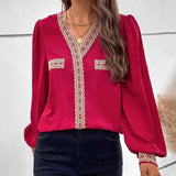 Contrast V-Neck Puff Sleeve Blouse Blouses - Tophatter Daily Deals