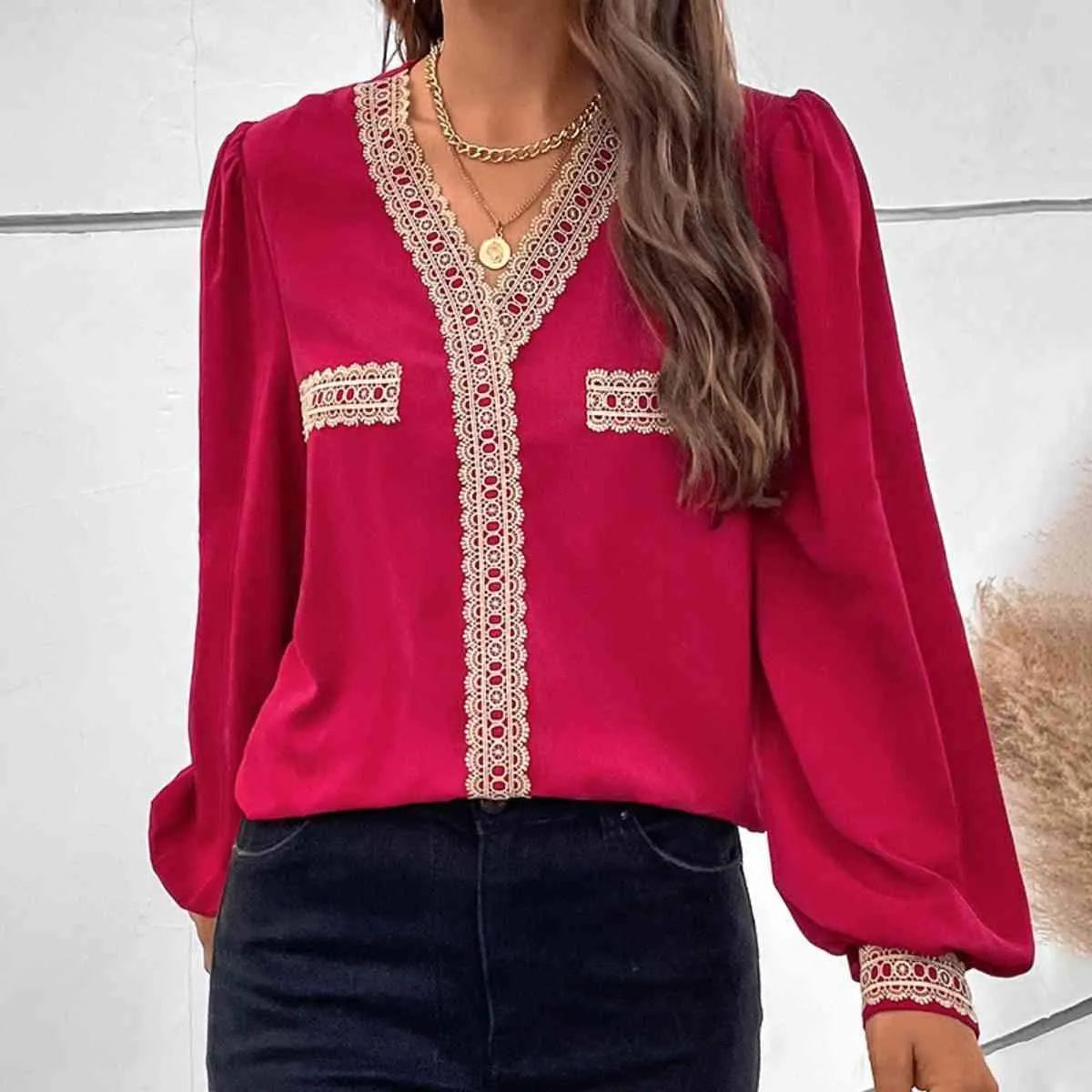 Contrast V-Neck Puff Sleeve Blouse Blouses - Tophatter Daily Deals