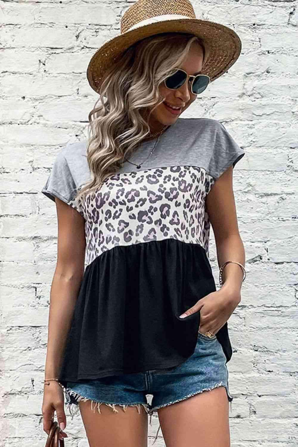 Leopard Color Block Babydoll Tee Shirt Black Gray Blouses - Tophatter Daily Deals