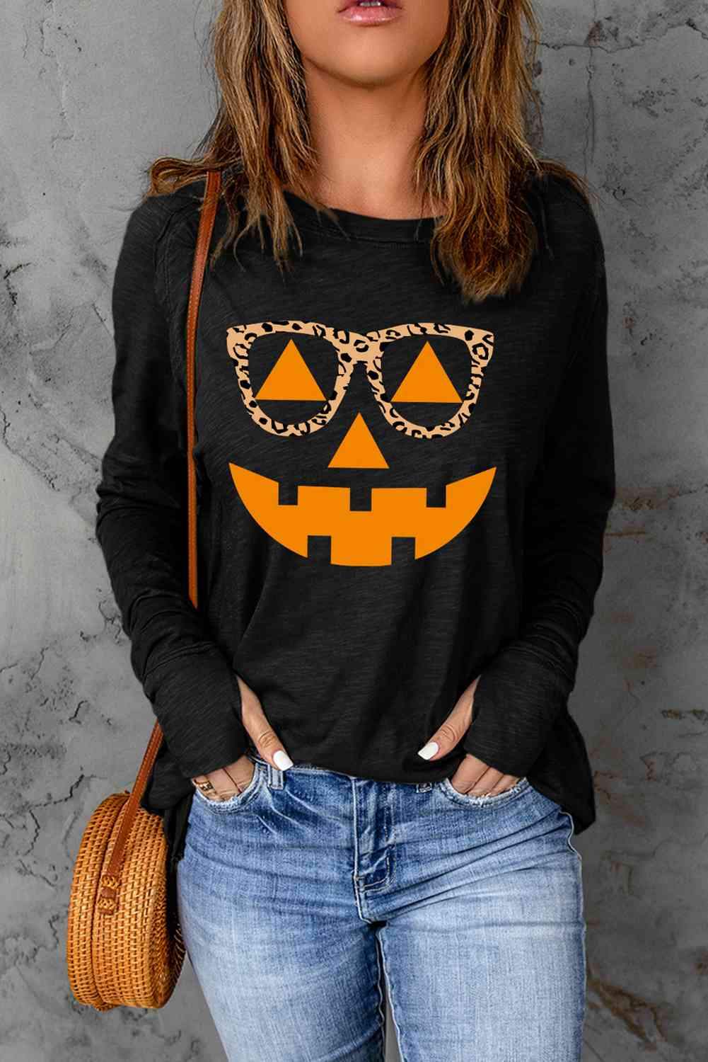 Pumpkin Face Graphic Long Sleeve T-Shirt Black Women's T-Shirts - Tophatter Daily Deals