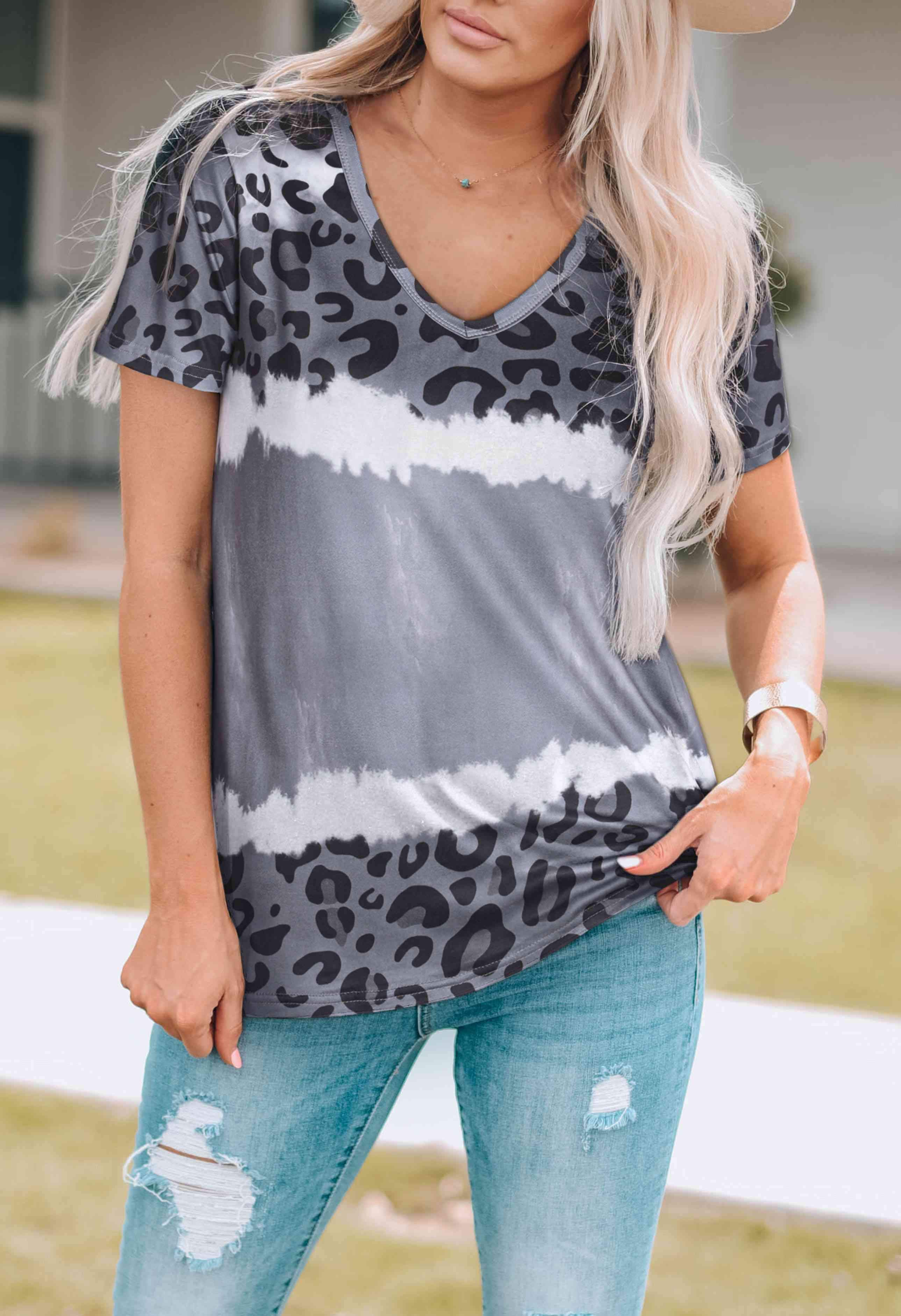 Leopard V-Neck Tee Shirt Women's T-Shirts - Tophatter Daily Deals