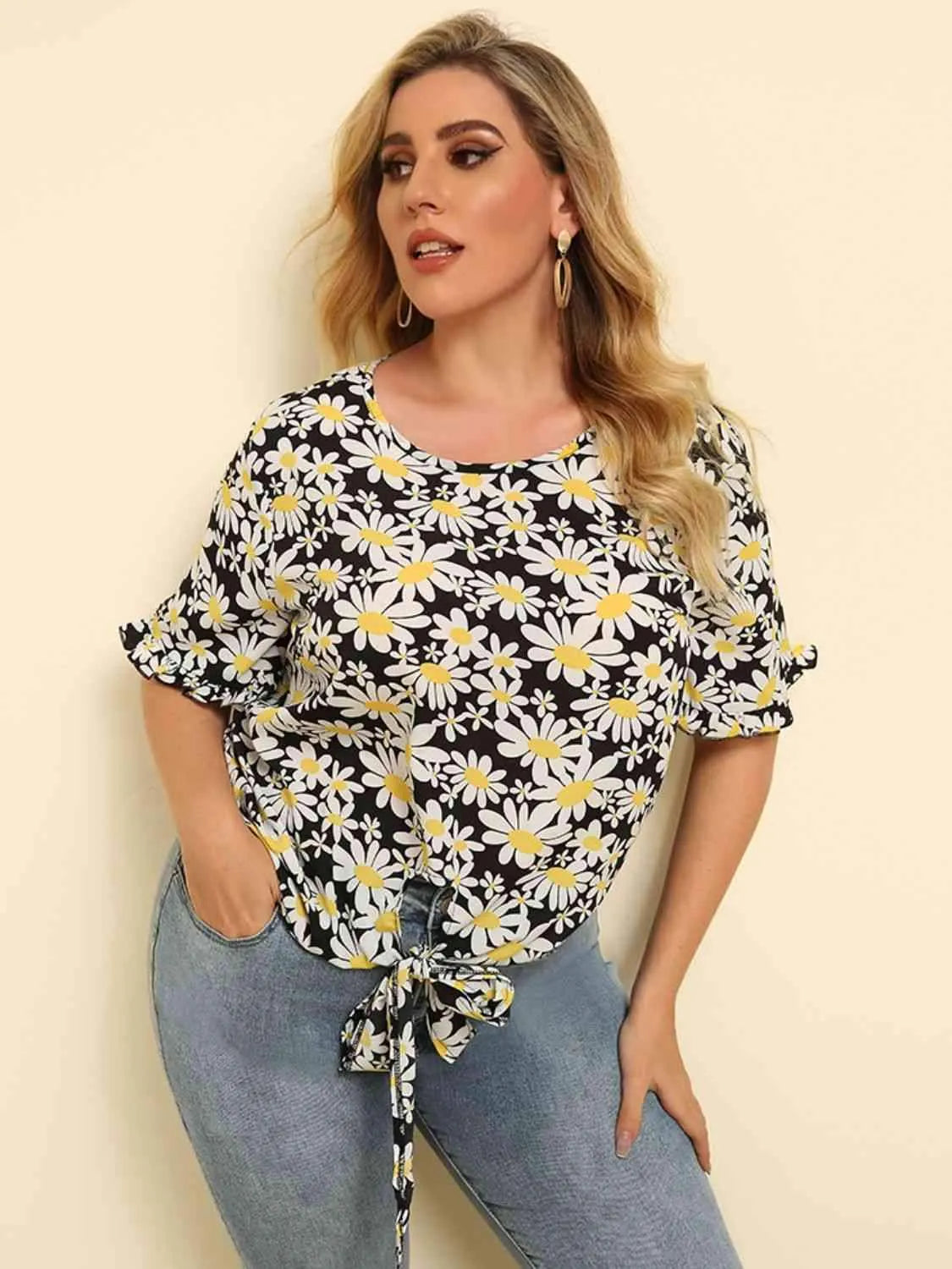 Plus Size Floral Round Neck Tie Hem Blouse Blouses - Tophatter Daily Deals