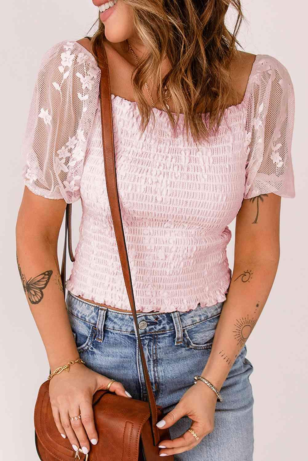 Smocked Spliced Lace Frill Trim Top Blush Pink Blouses - Tophatter Daily Deals