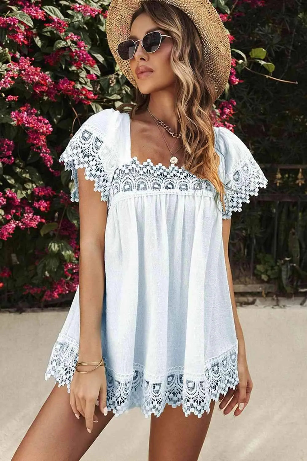 Lace Detail Square Neck Short Sleeve Blouse Blouses - Tophatter Daily Deals