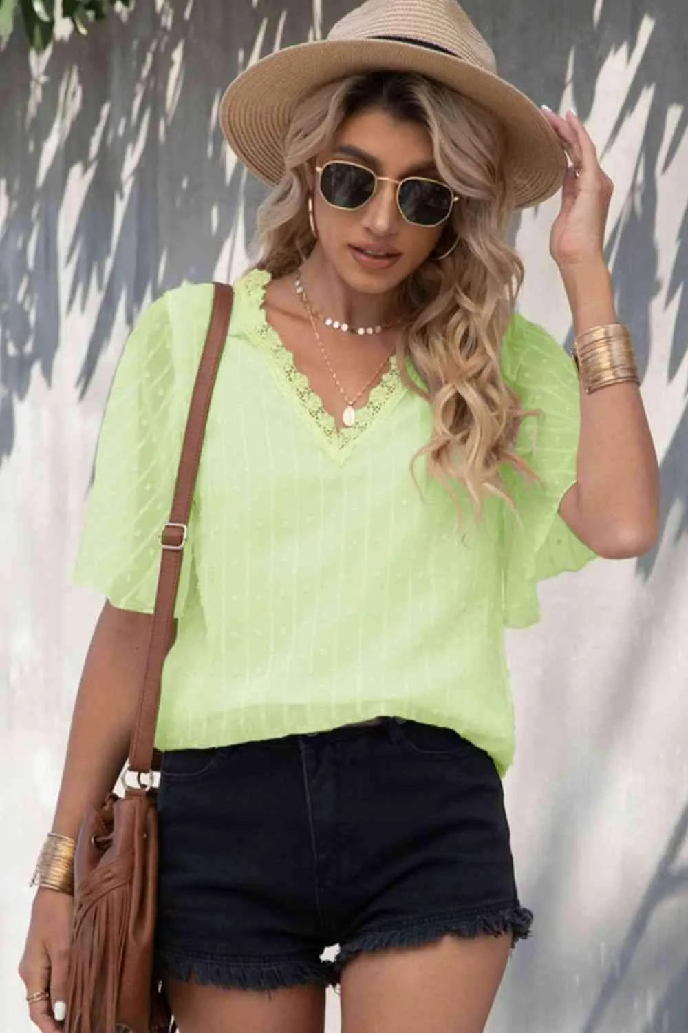 Swiss Dot Lace Trim Flutter Sleeve V-Neck Blouse Blouses - Tophatter Daily Deals