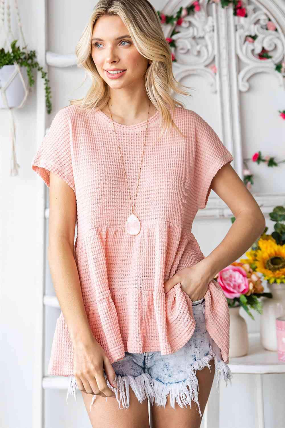 Waffle-Knit Buttoned Ruffle Hem Top Blouses - Tophatter Daily Deals