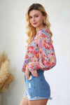 Floral Frill Trim Tie Neck Flounce Sleeve Blouse Blouses - Tophatter Daily Deals