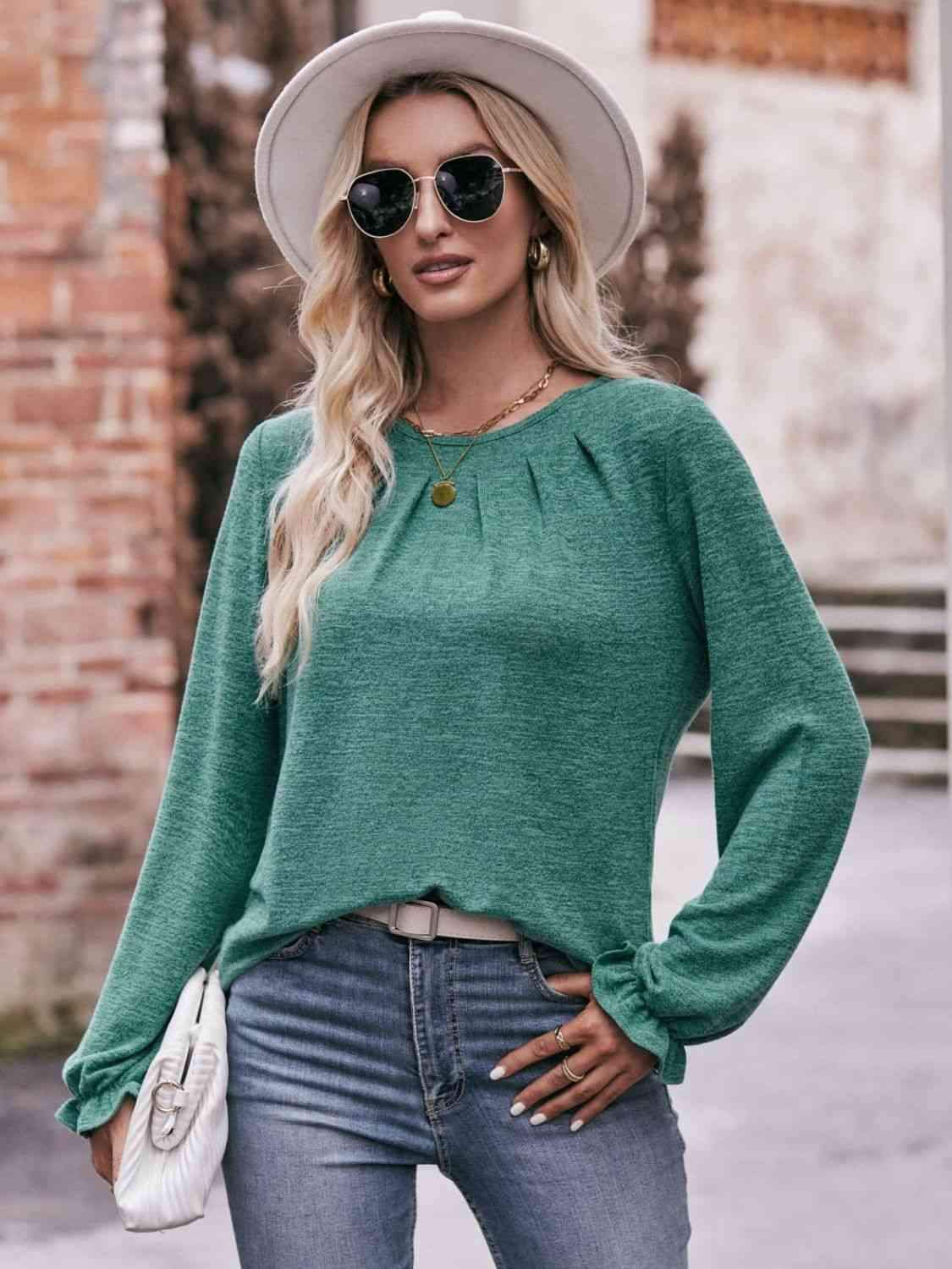 Double Take Long Flounce Sleeve Round Neck Blouse Blouses - Tophatter Daily Deals