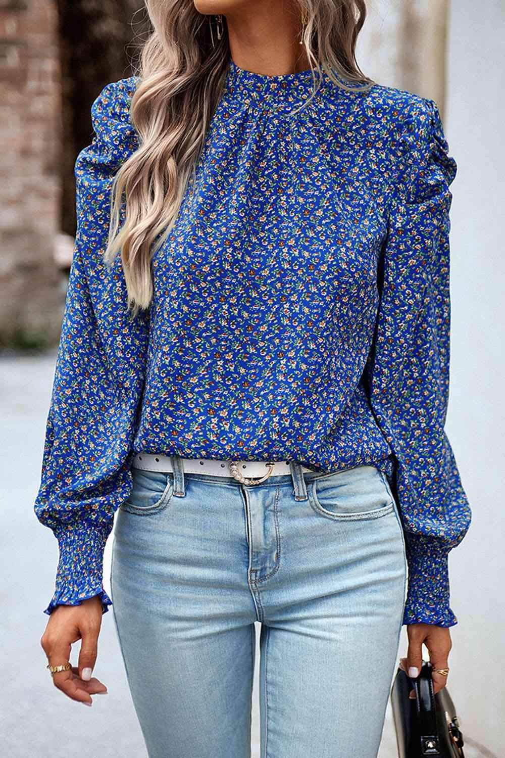 Printed Smocked Puff Sleeve Blouse Navy Blouses - Tophatter Daily Deals