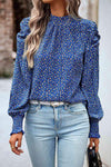 Printed Smocked Puff Sleeve Blouse Navy Blouses - Tophatter Daily Deals