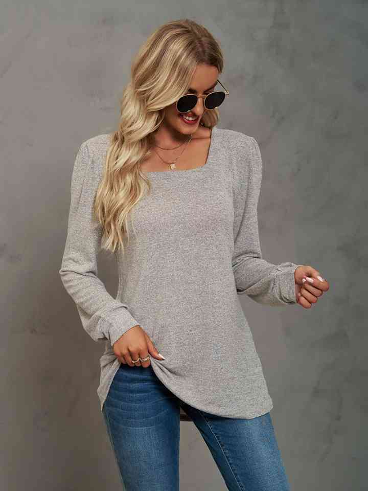 Heathered Square Neck Long Sleeve T-Shirt Dust Storm Women's T-Shirts - Tophatter Daily Deals