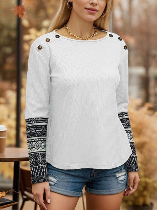 Geometric Waffle-Knit Buttoned Round Neck T-Shirt Women's T-Shirts - Tophatter Daily Deals