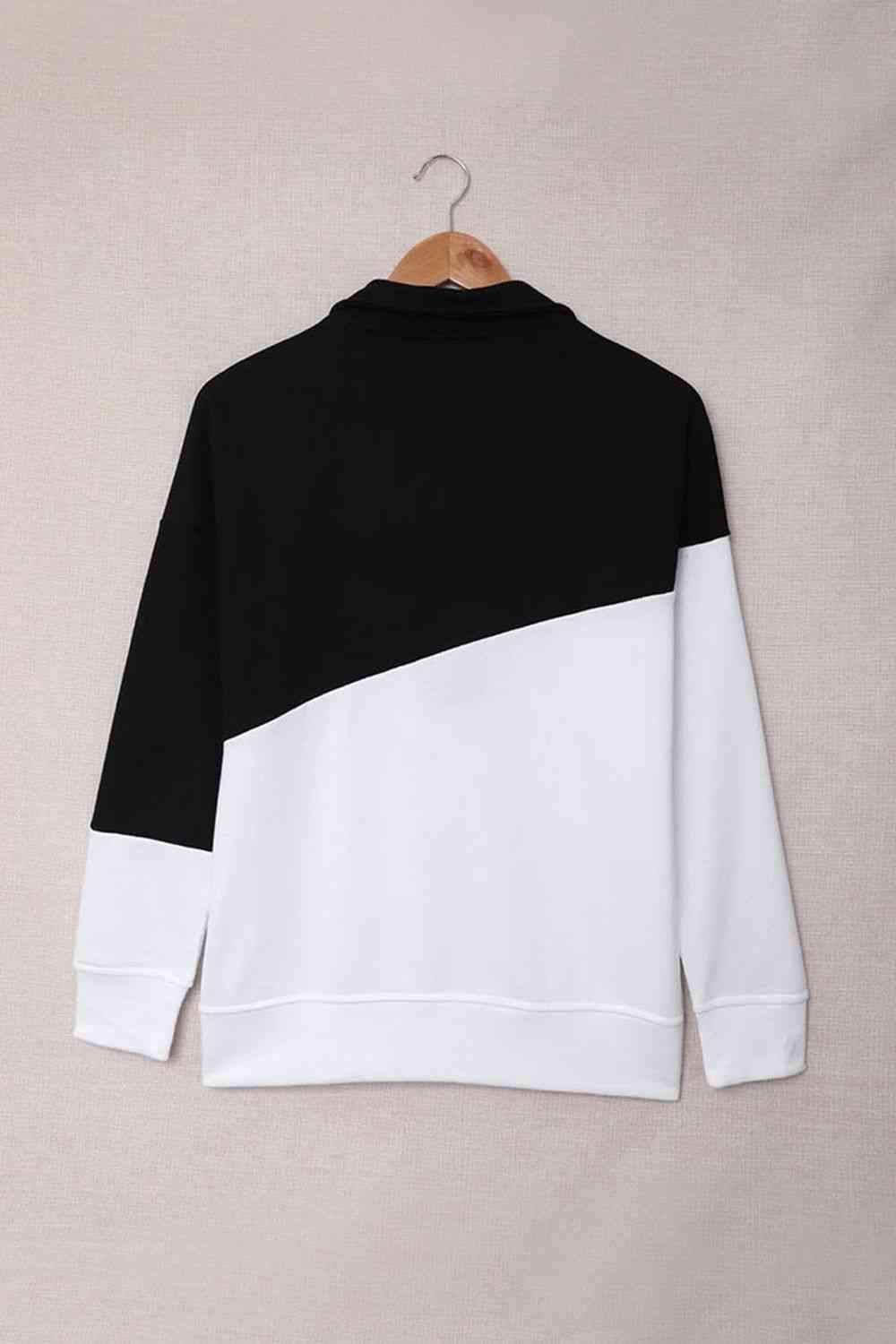 Contrast Zip-Up Collared Neck Dropped Shoulder Blouse Blouses - Tophatter Daily Deals