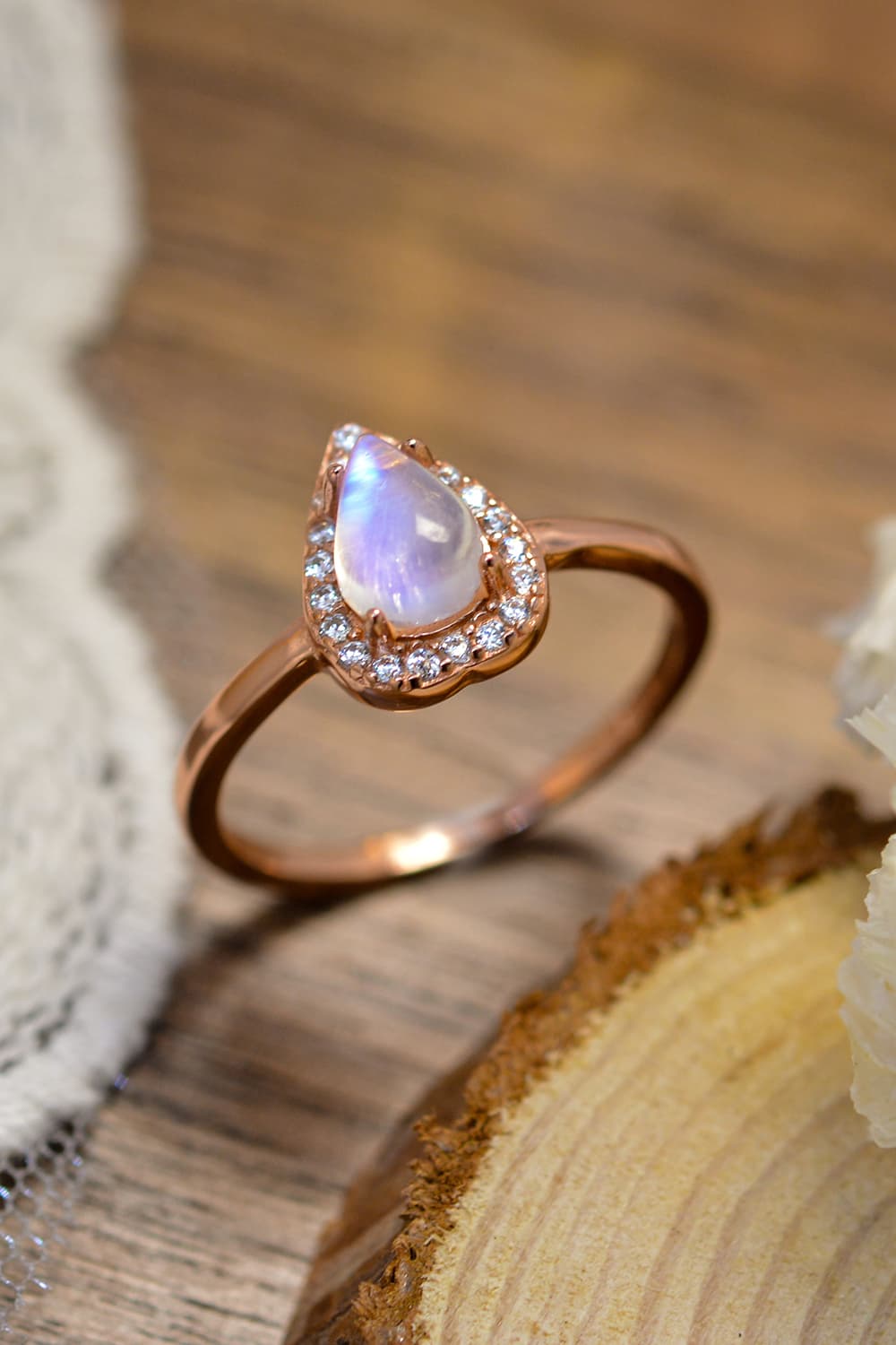 Moonstone Teardrop 925 Sterling Silver Halo Ring Rose Gold Moonstone - Tophatter Daily Deals