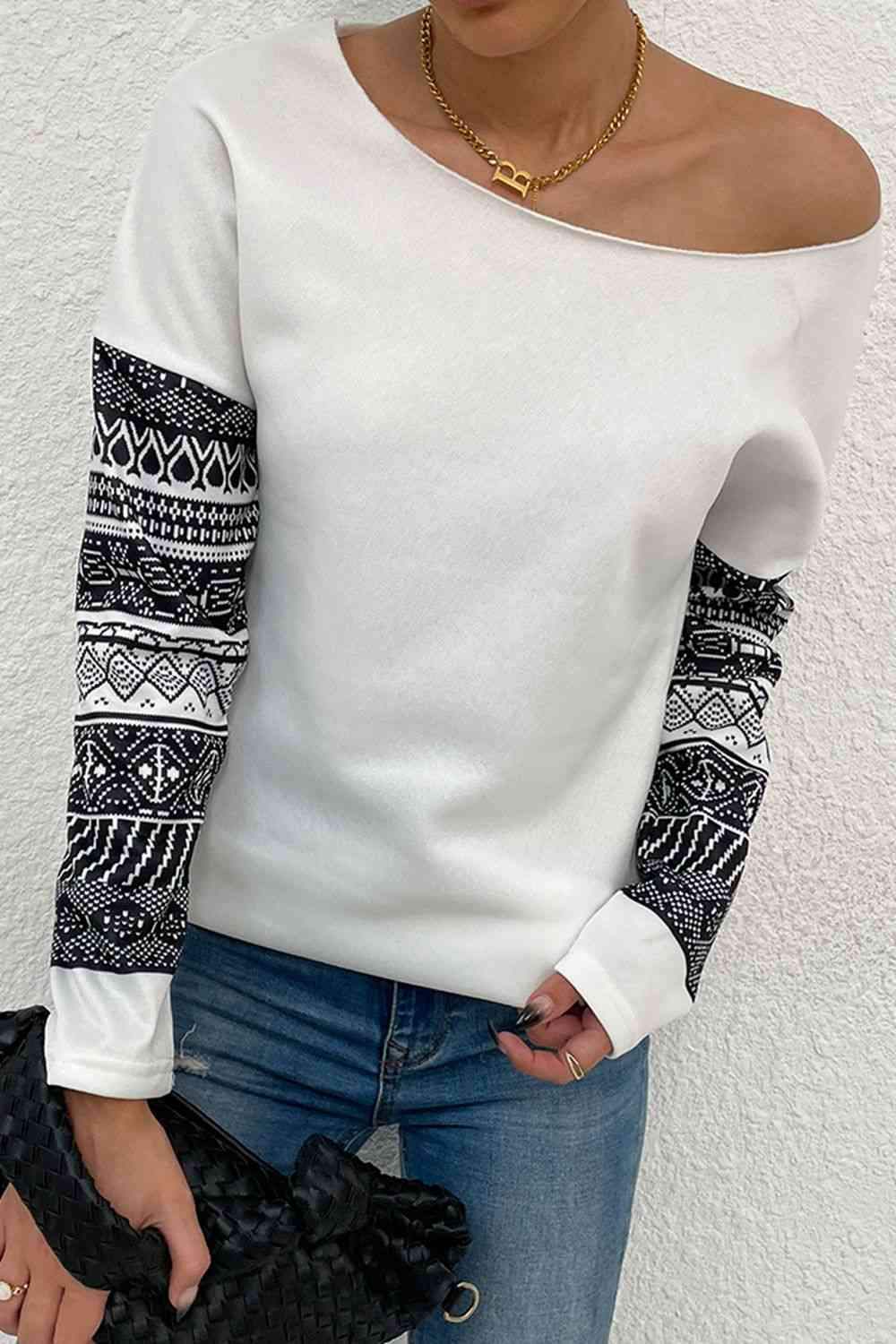 Boat Neck Long Printed Sleeve Blouse Blouses - Tophatter Daily Deals