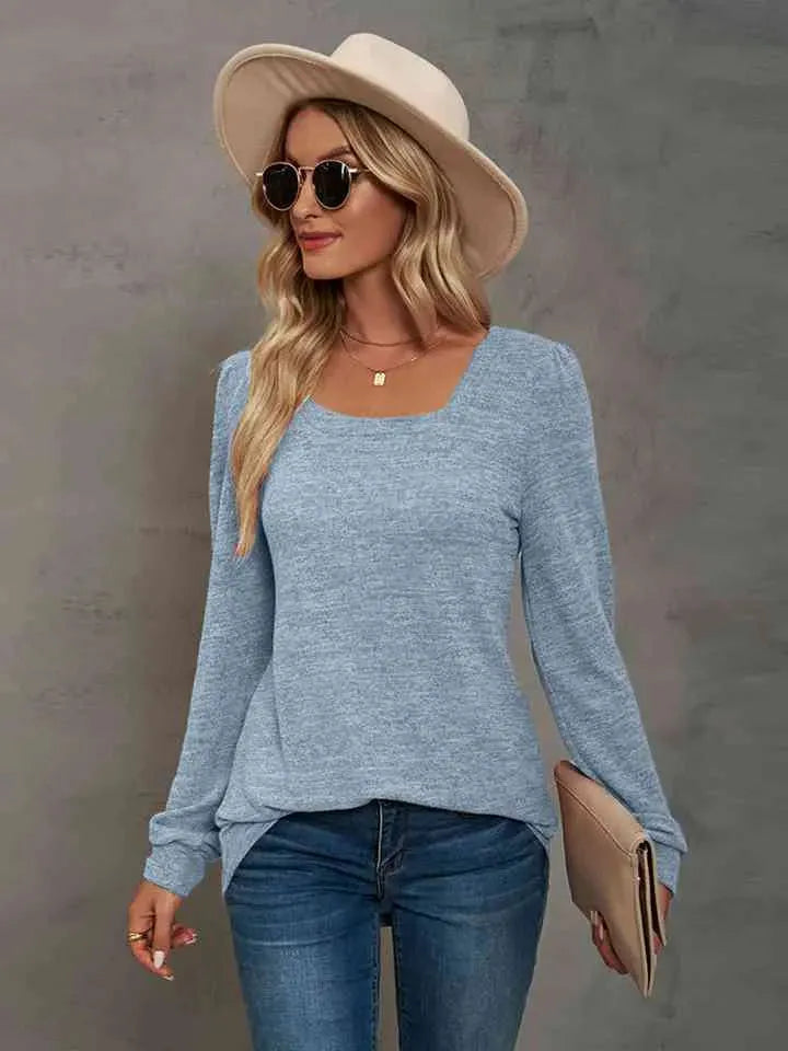 Heathered Square Neck Long Sleeve T-Shirt Women's T-Shirts - Tophatter Daily Deals