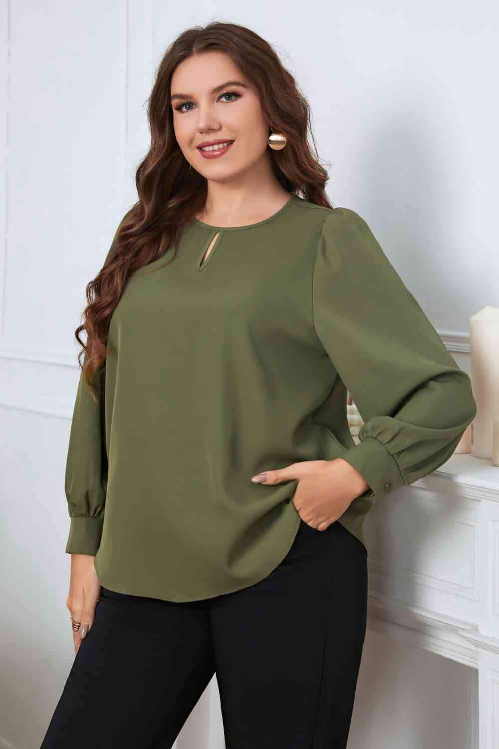 Melo Apparel Plus Size Round Neck Long Sleeve Blouse Moss Blouses - Tophatter Daily Deals