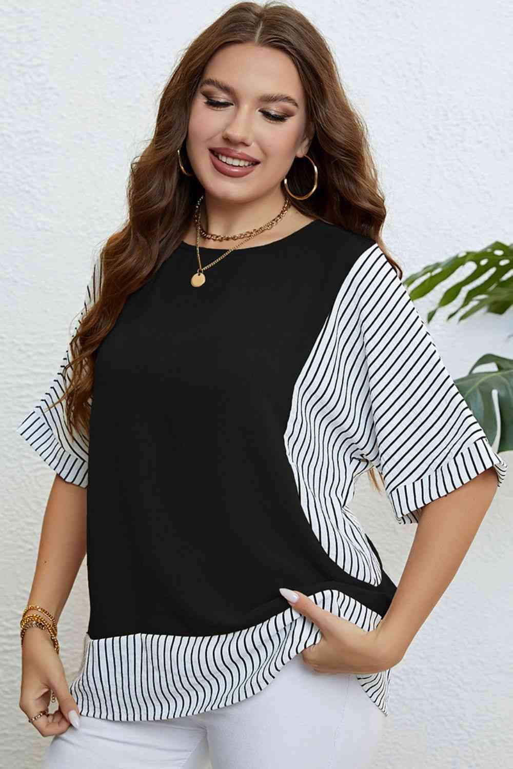 Plus Size Striped Round Neck Half Sleeve Top Blouses - Tophatter Daily Deals