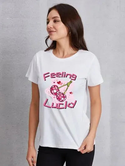 FEELING LUCKY Round Neck Short Sleeve T-Shirt White Women's T-Shirts - Tophatter Daily Deals