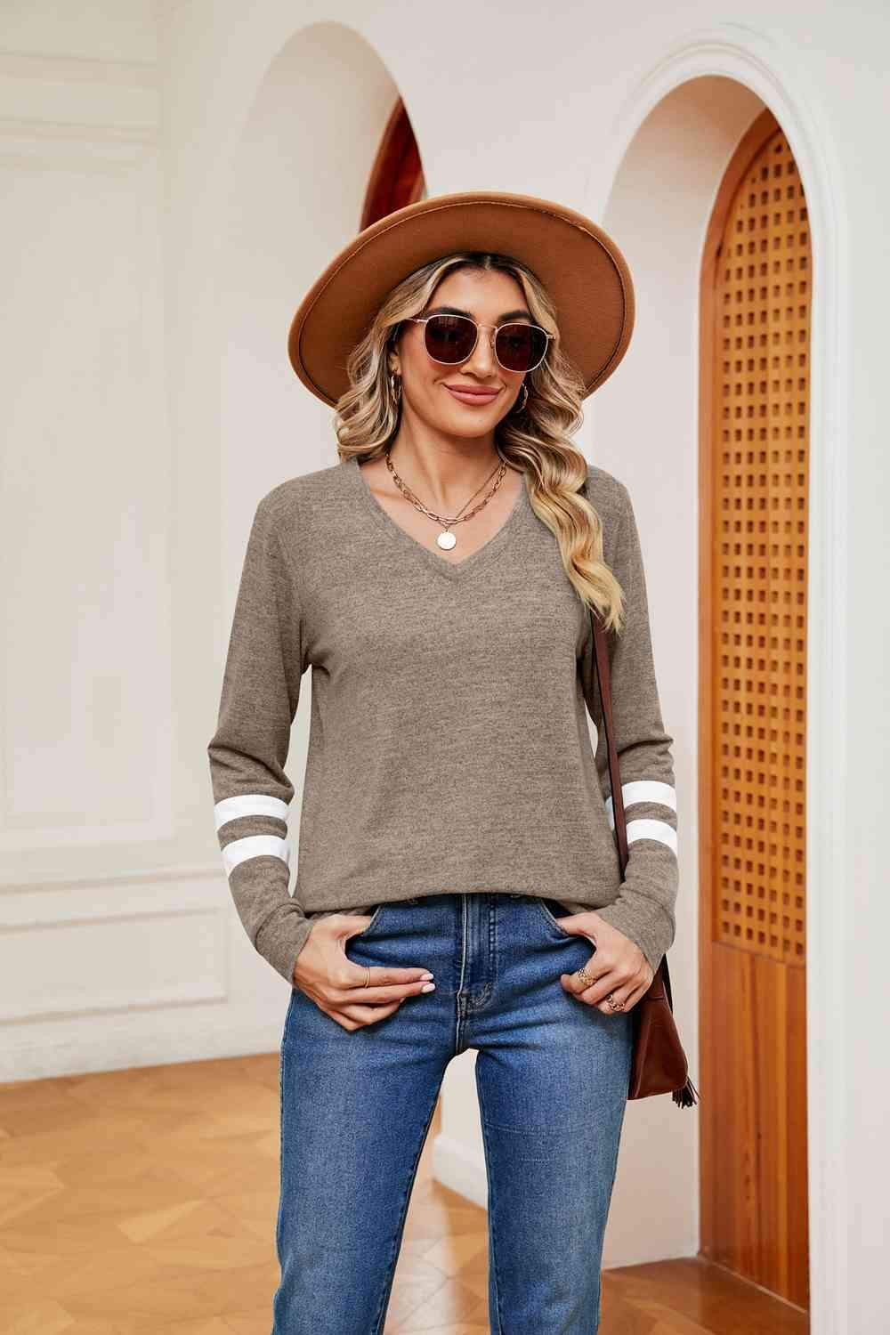 V-Neck Long Sleeve T-Shirt Mocha Women's T-Shirts - Tophatter Daily Deals