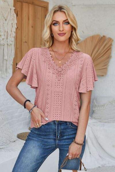 Eyelet Applique V-Neck Cap Sleeve T-Shirt Women's T-Shirts - Tophatter Daily Deals