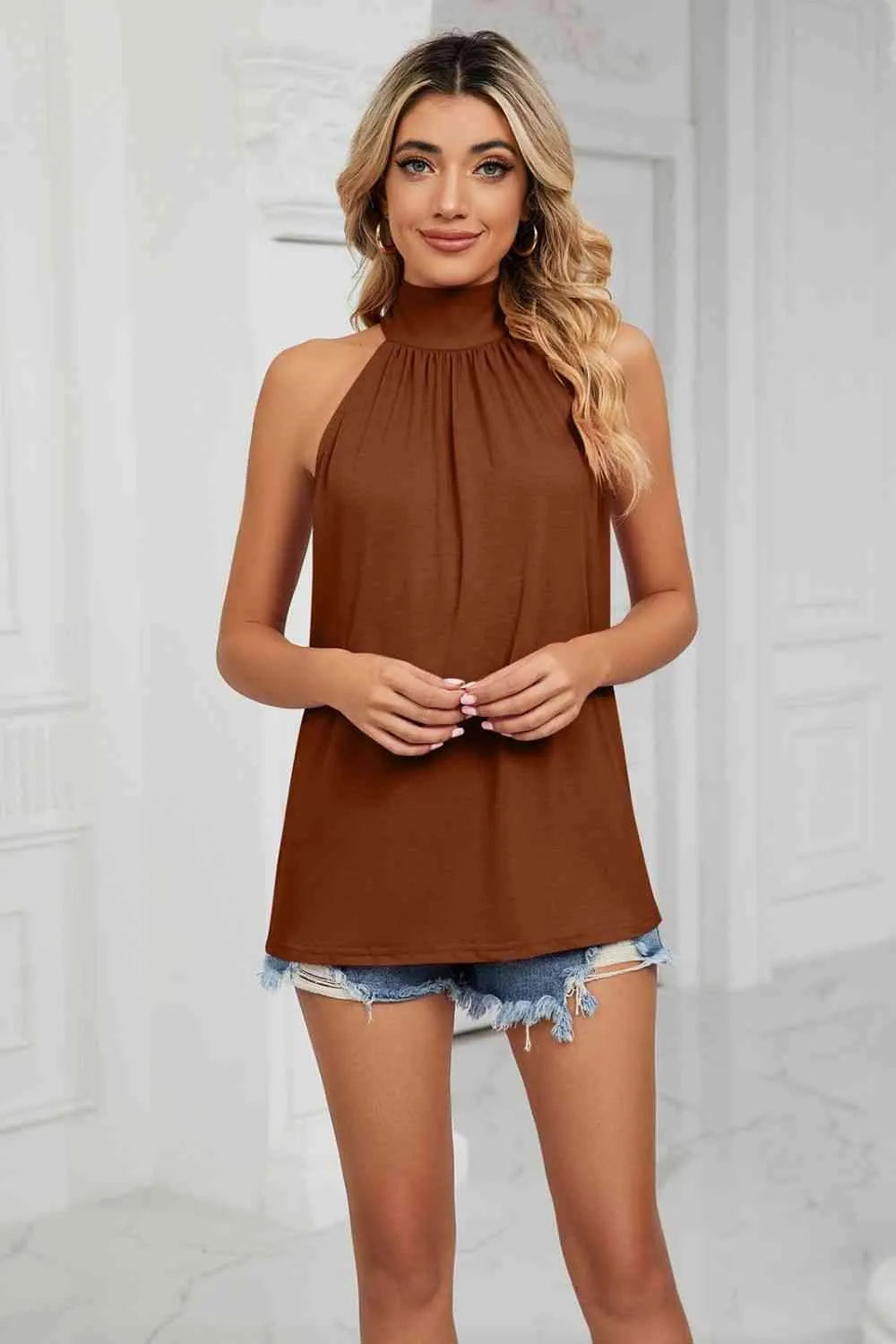 Gathered Detail Tied Sleeveless Top Brown Blouses - Tophatter Daily Deals