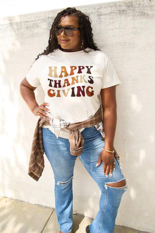 Simply Love Full Size HAPPY THANKS GIVING Short Sleeve T-Shirt Women's T-Shirts - Tophatter Daily Deals