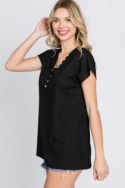 Heimish Full Size Front Button V-Neck Short Sleeve T-Shirt Blouses - Tophatter Daily Deals