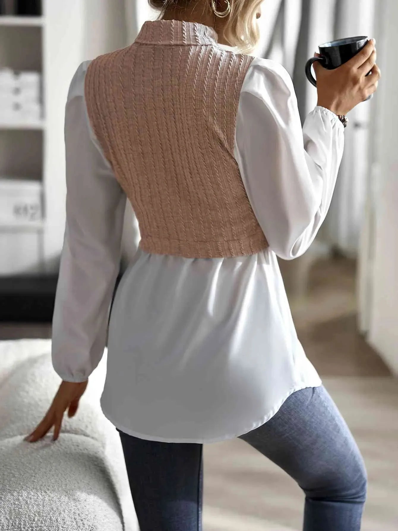 Contrast Cable-Knit Mock Neck Top Blouses - Tophatter Daily Deals