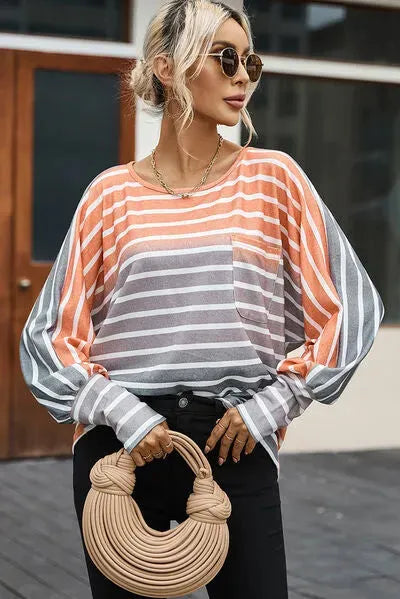 Pocketed Striped Round Neck Batwing Sleeve T-Shirt Women's T-Shirts - Tophatter Daily Deals