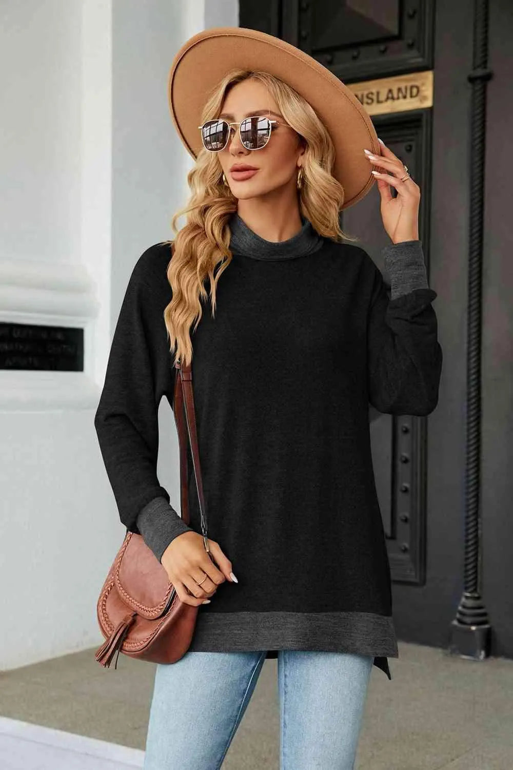 Turtle Neck Long Sleeve Slit Blouse Black Blouses - Tophatter Daily Deals