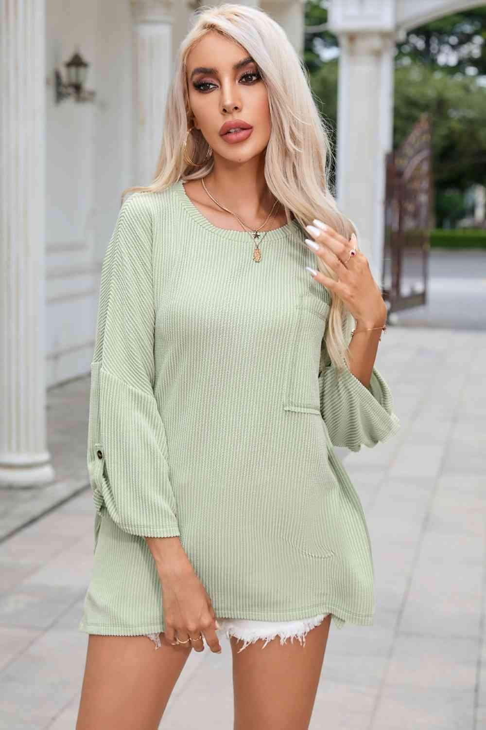 Round Neck Slit Roll-Tab Sleeve Oversize Top Light Green Women's T-Shirts - Tophatter Daily Deals