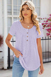 Eyelet Quarter Button Short Sleeve T-Shirt Women's T-Shirts - Tophatter Daily Deals