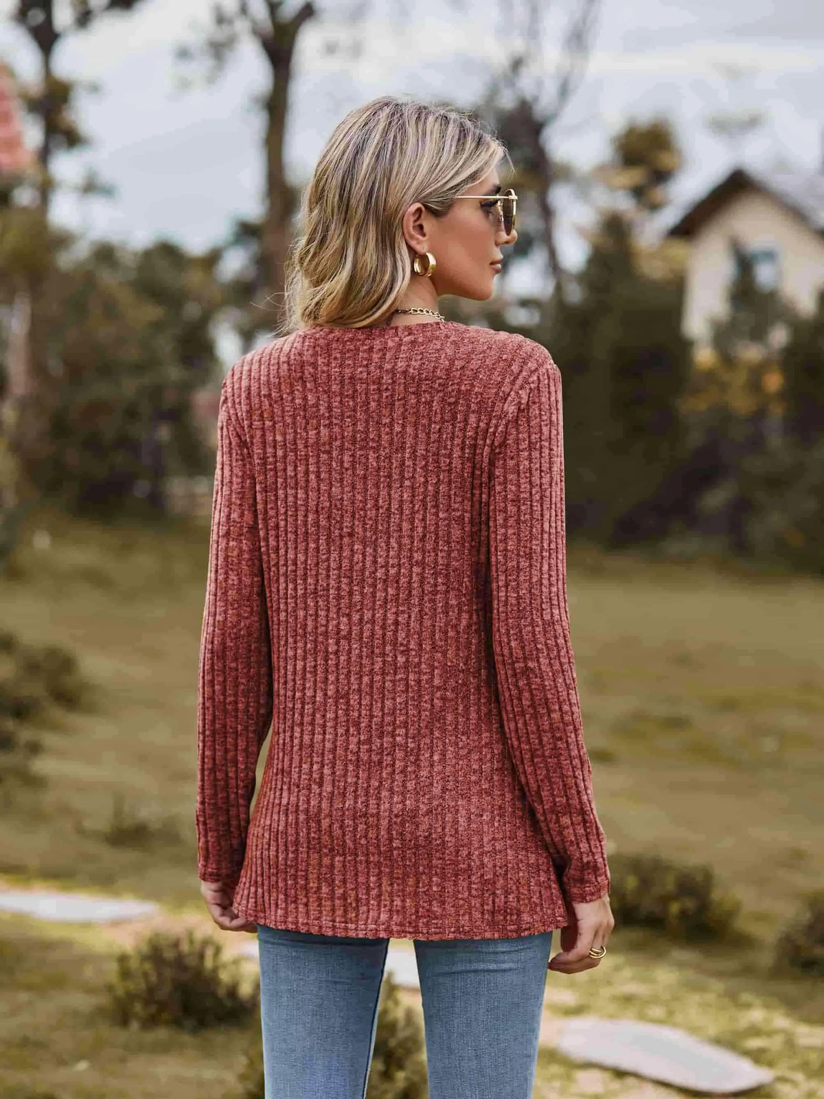 Ribbed Round Neck Long Sleeve Tee Women's T-Shirts - Tophatter Daily Deals