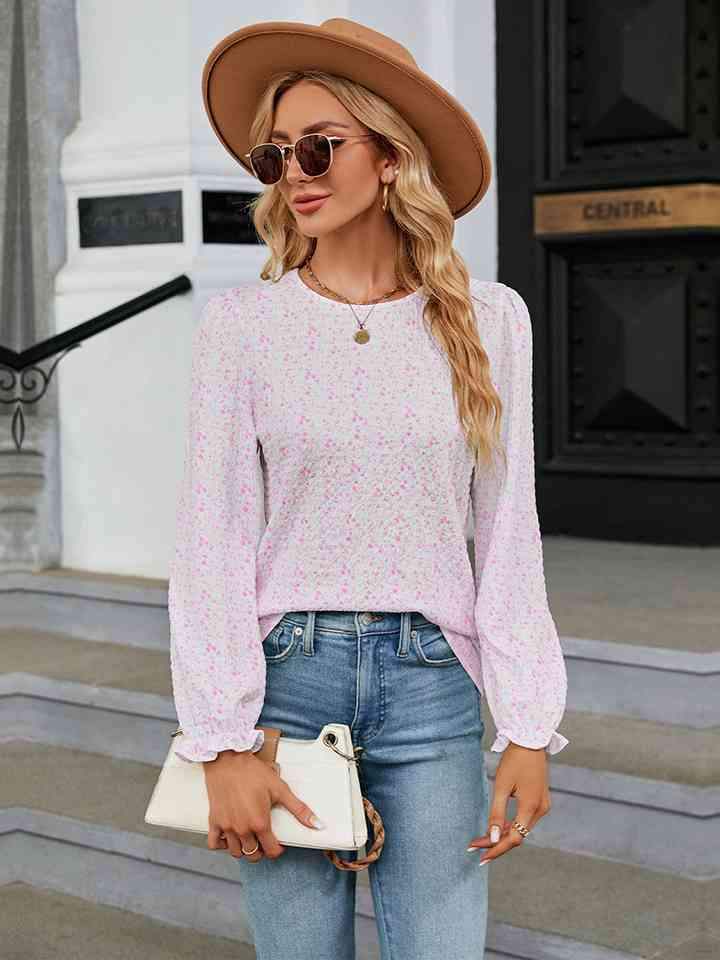 Printed Round Neck Flounce Sleeve Blouse Women's T-Shirts - Tophatter Daily Deals