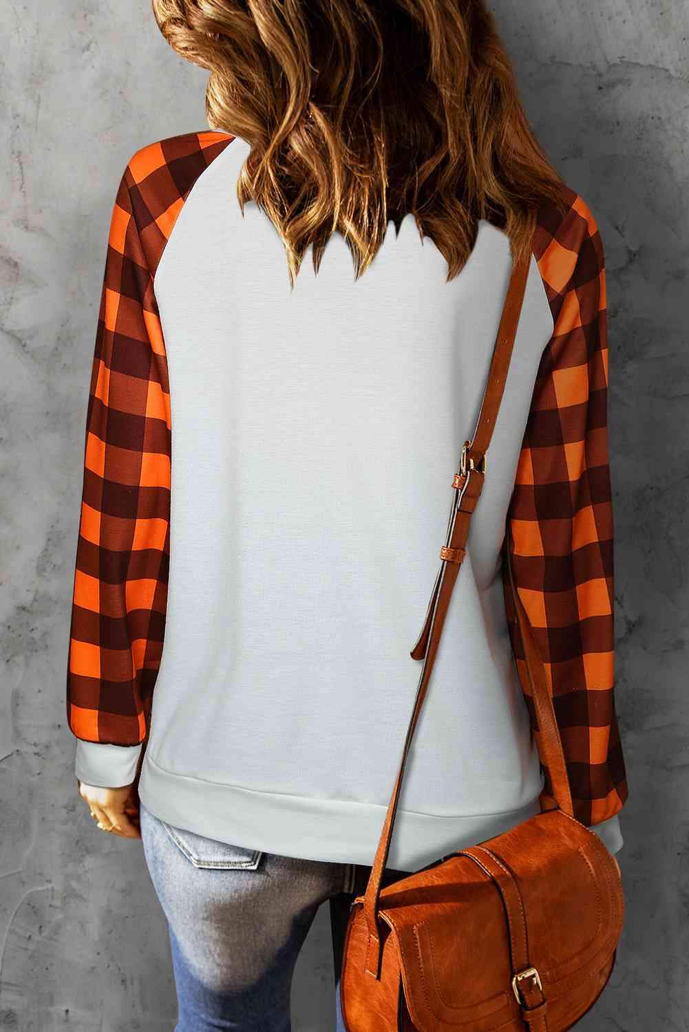 Pumpkin Graphic Round Neck Long Plaid Sleeve Tee Women's T-Shirts - Tophatter Daily Deals