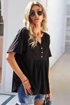 Double Take Buttoned Notched Neck Short Sleeve Top Black Blouses - Tophatter Daily Deals