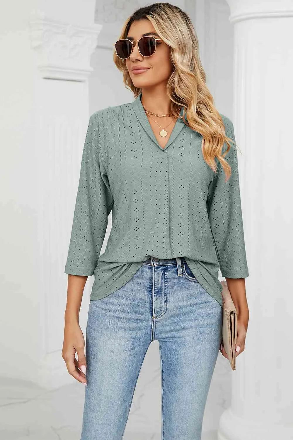 Eyelet Three-Quarter Sleeve Blouse Blouses - Tophatter Daily Deals