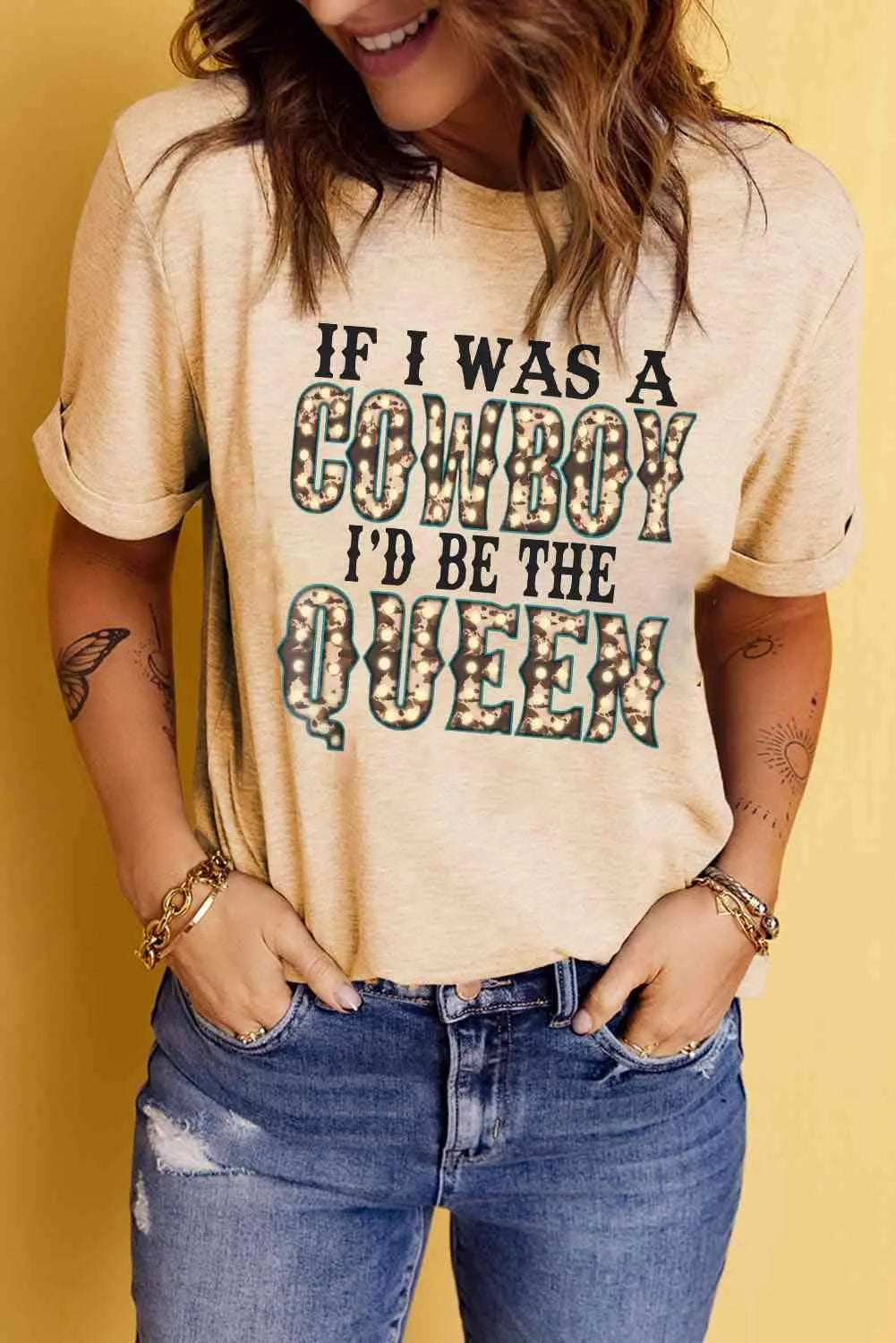 Slogan Graphic Round Neck Cuffed Sleeve Tee Women's T-Shirts - Tophatter Daily Deals